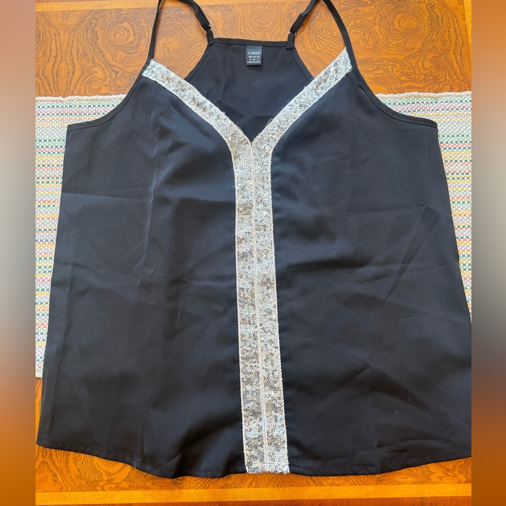 NWOT Black Tank with Silver Sequins